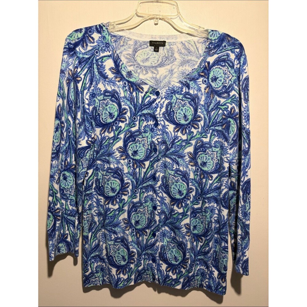 Talbots Classic Button Front Lightweight Cardigan Blue Teal Floral Print SZ L
